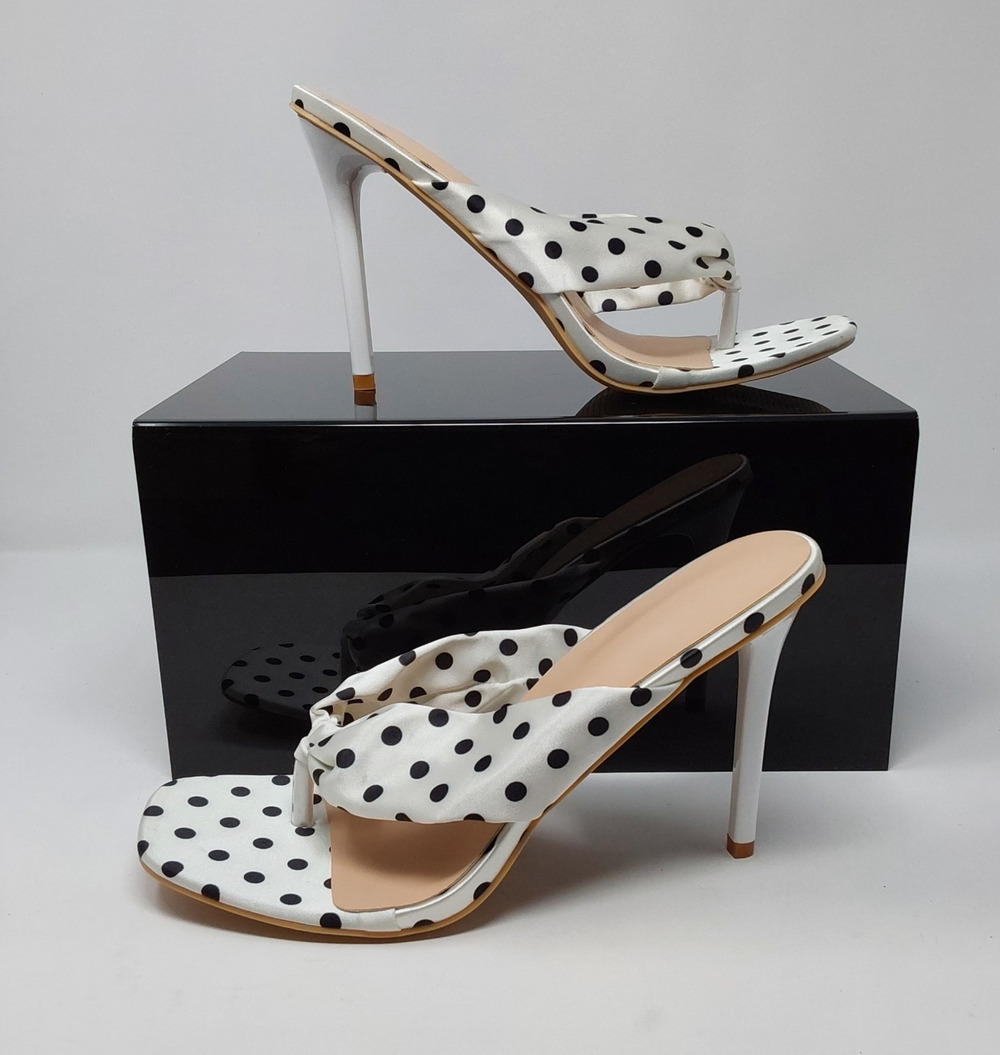 Womens Size 44 White Black Polka Dot Satin Stiletto Mule Heels Square Toe